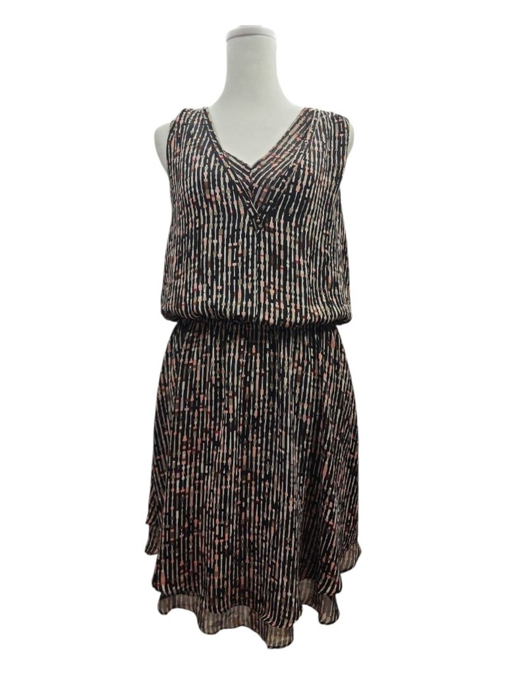Boho Chic Geometric Print Blouson Dress Studded V-Neck Retro Mod Sz 6 - Picture 2 of 12